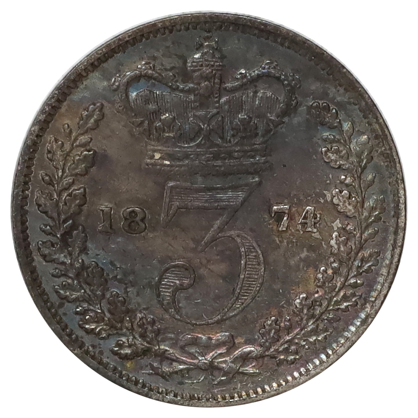 Great Britain 1874 Threepence Extra Fine (EF40) Doubling on Britannia, Toned