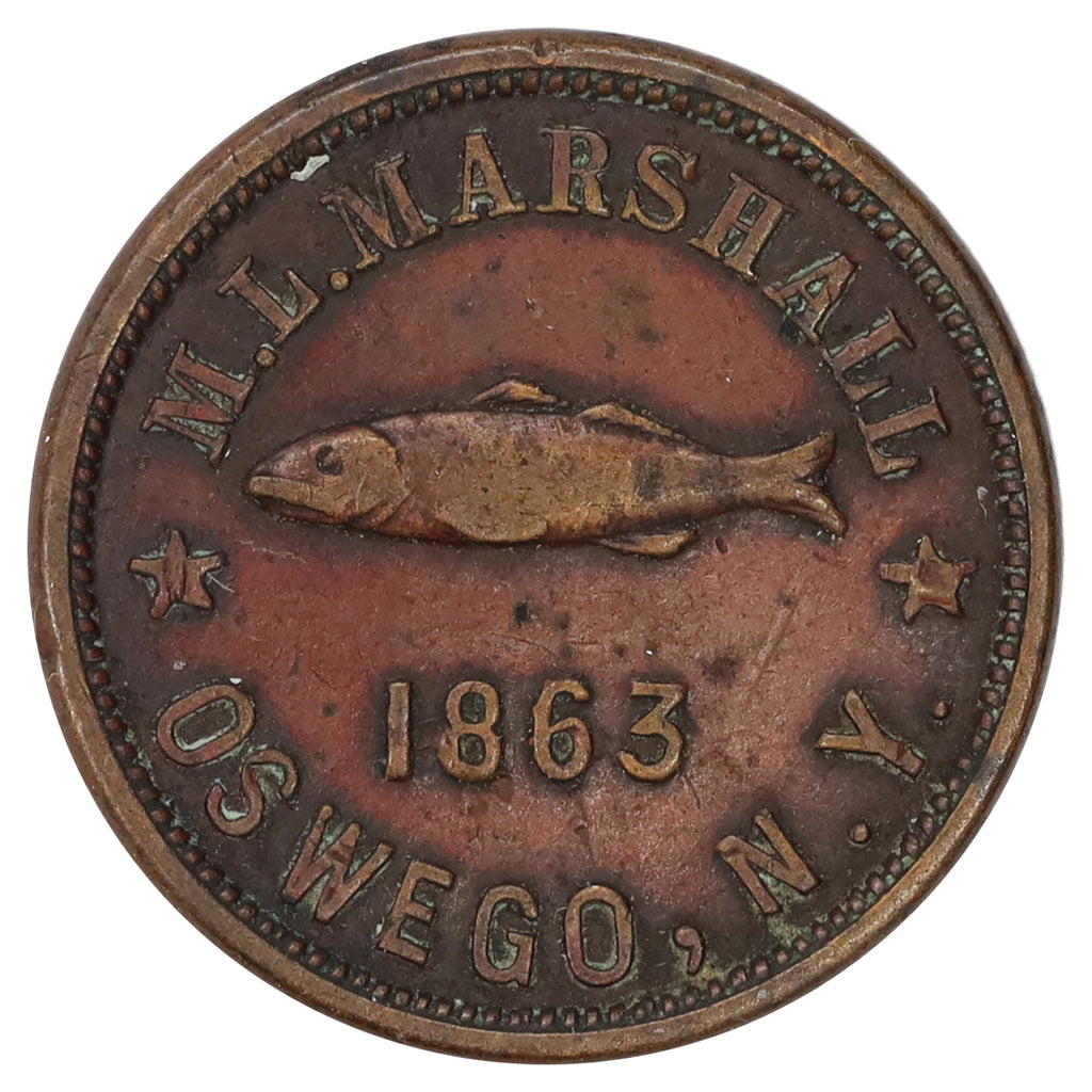 1863 USA M.L. Marshall Fishing Tackle & Rare Coin Token, Oswego, NY, Almost Unc (AU50)