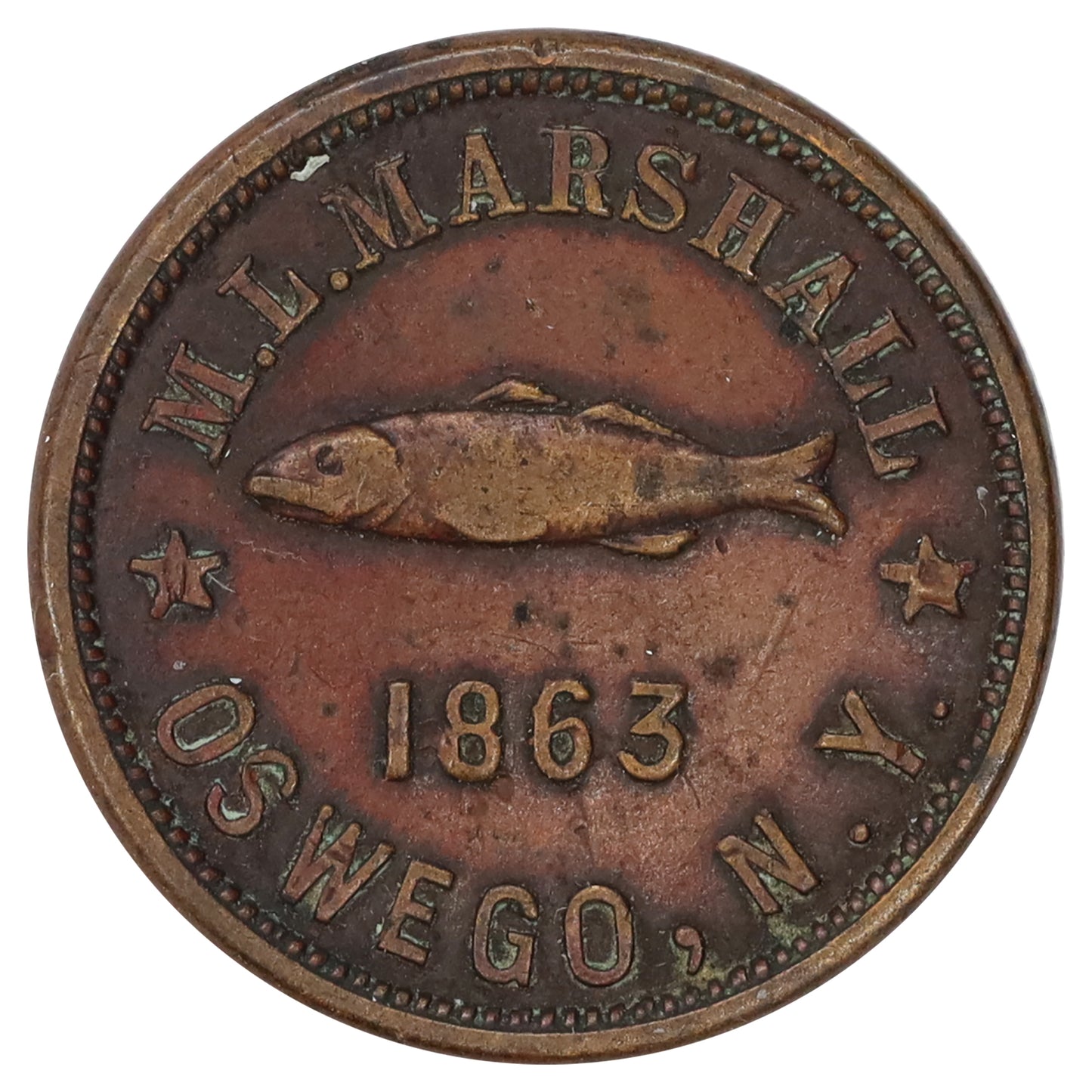 1863 USA M.L. Marshall Fishing Tackle & Rare Coin Token, Oswego, NY, Almost Unc (AU50)