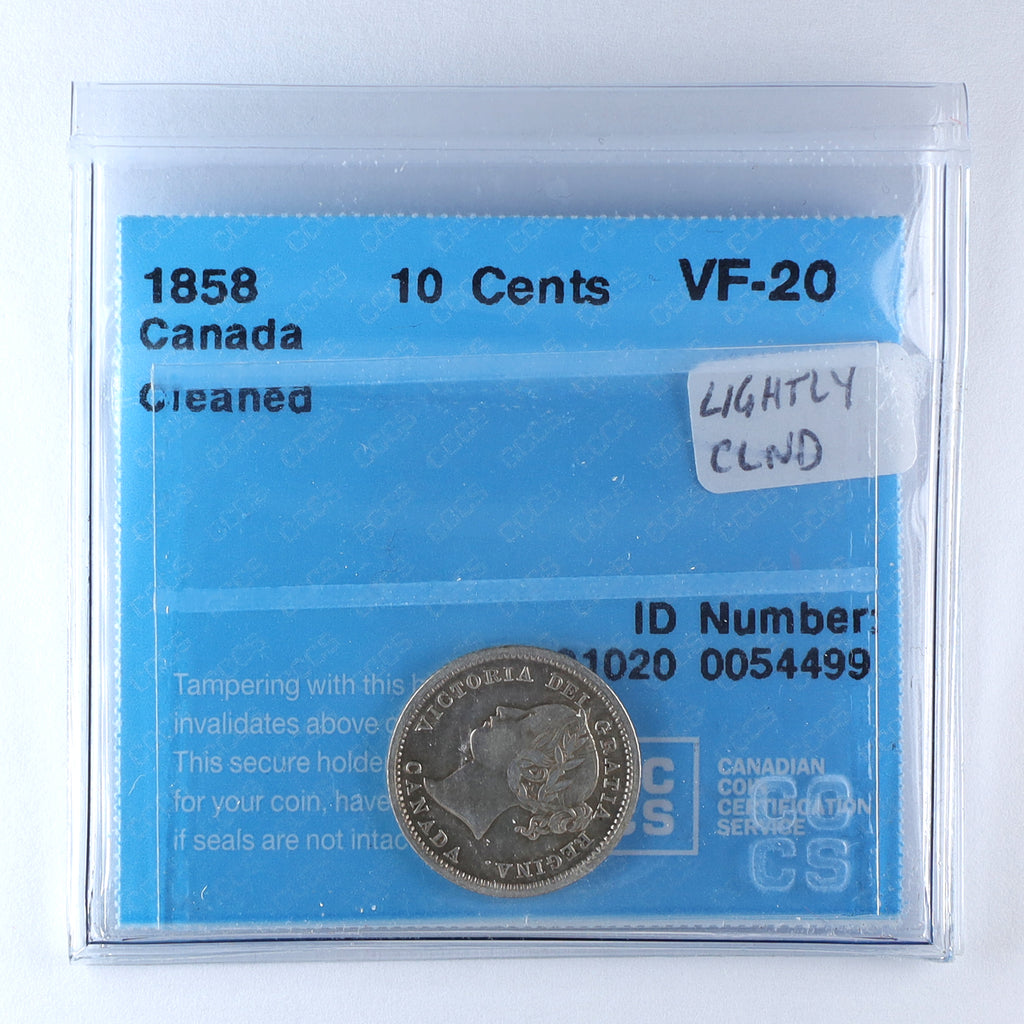 1858 Canada 10-cents CCCS Certified VF20 (Lightly Cleaned)