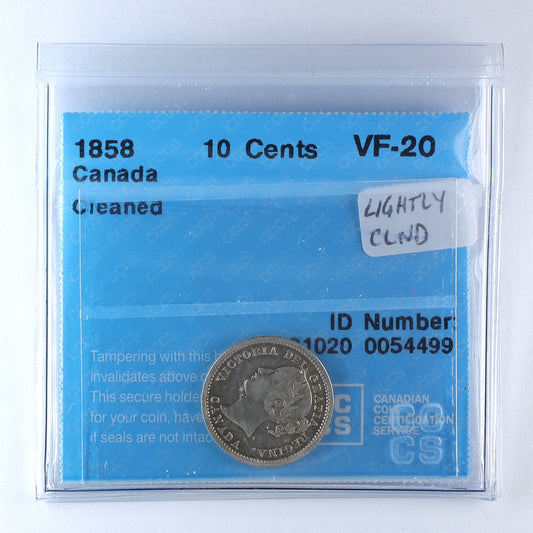 1858 Canada 10-cents CCCS Certified VF20 (Lightly Cleaned)
