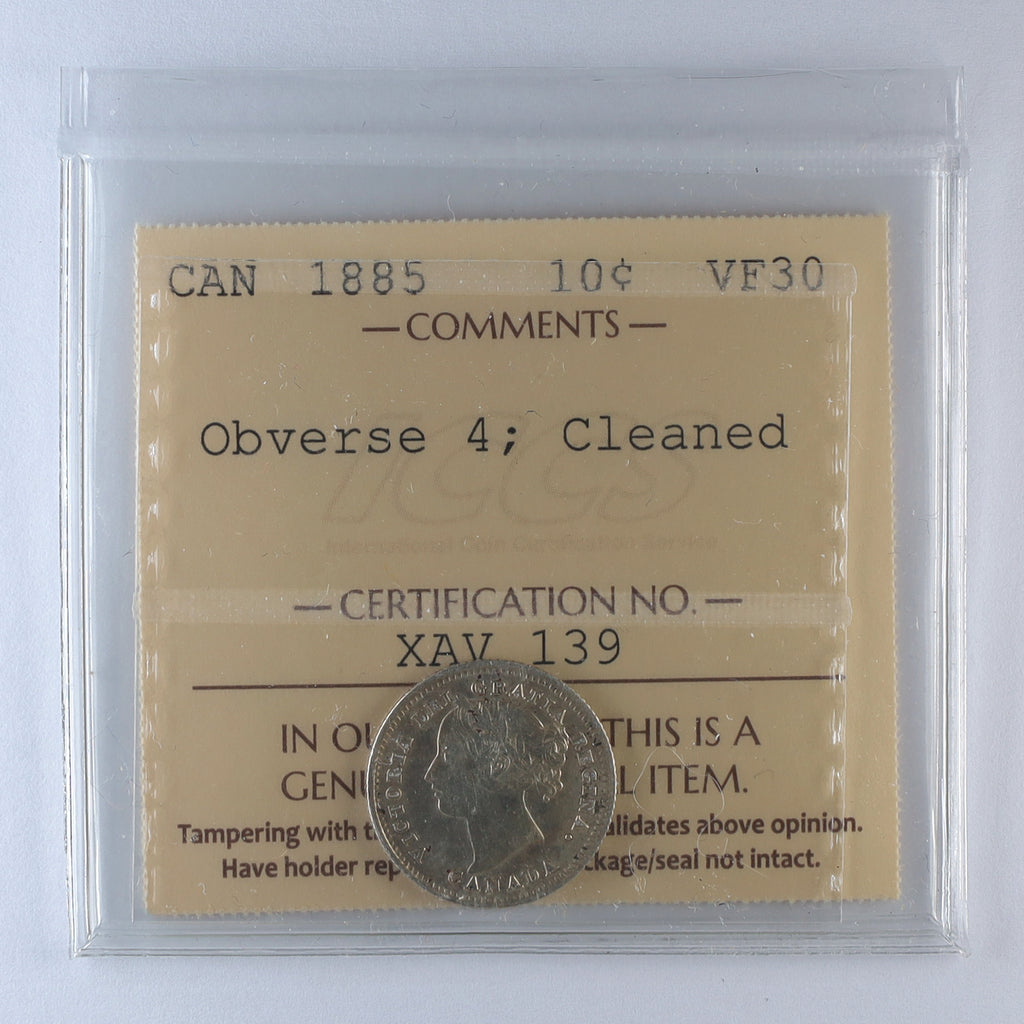 1885 Obv. 4 Canada 10-cents ICCS Certified VF30 (Cleaned)
