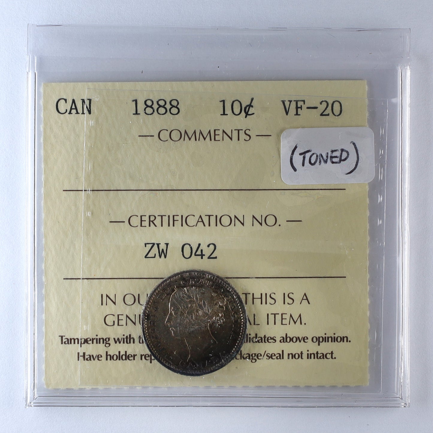 1888 Canada 10-cents ICCS Certified VF20 (Toned)
