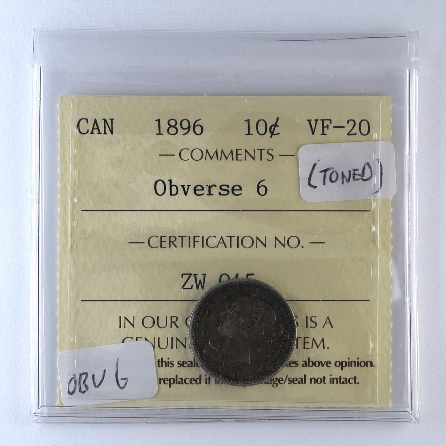 1896 Obv. 6 Canada 10-cents ICCS Certified VF20 (Toned)