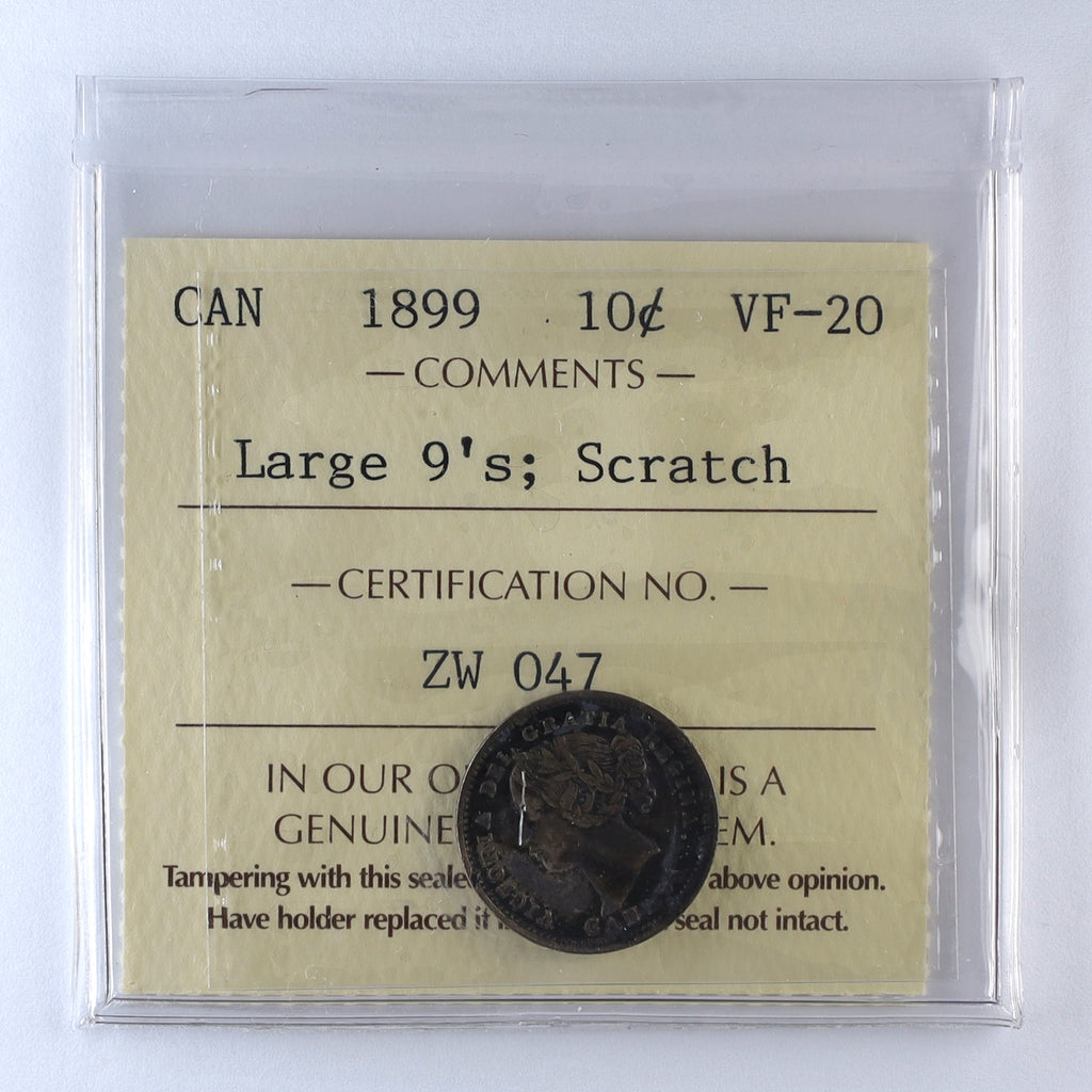 1899 Large 9s Canada 10-cents ICCS Certified VF20 (Scratched)