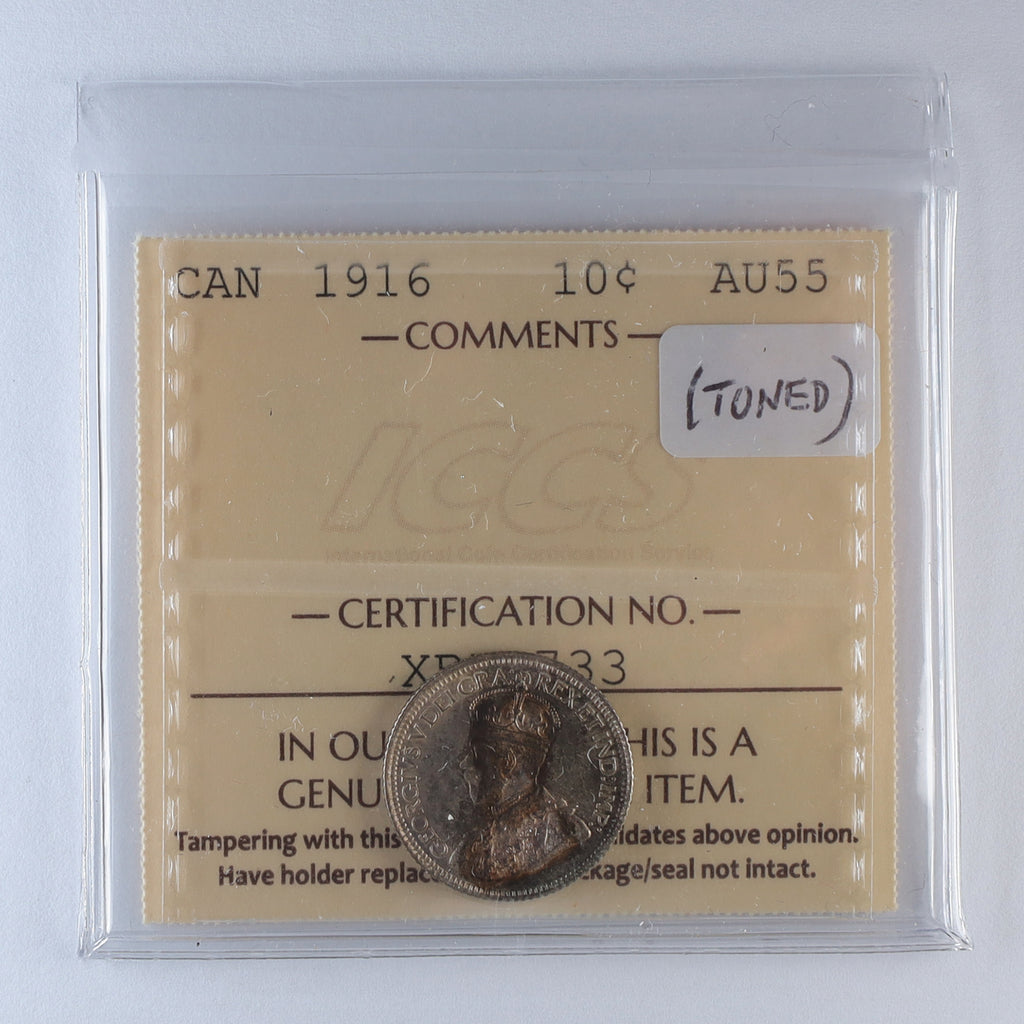 1916 Canada 10-cents ICCS Certified AU55 (Toned)