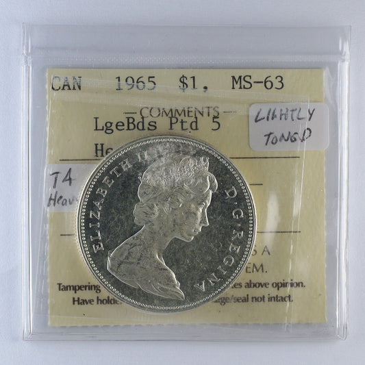 1965 Lge Beads Ptd 5 (Type 4) Canada Dollar ICCS Cert. MS63 Heavy Cameo (Lightly Toned)