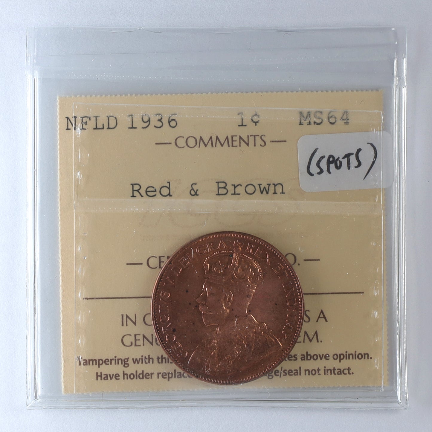 1936 Newfoundland 1-cent ICCS Certified MS64 Red &Brown (Spots)