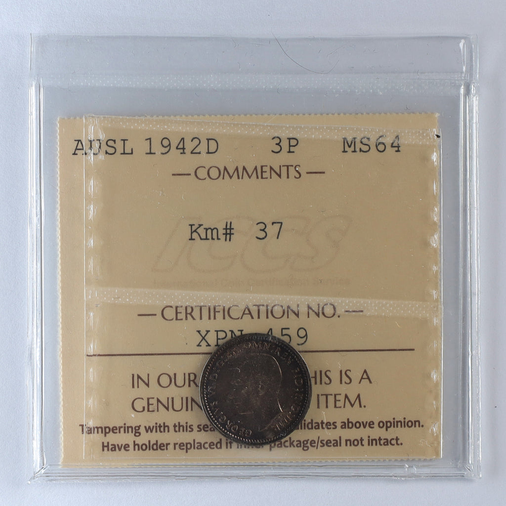 Australia 1942D Threepence ICCS Certified MS64 (DOD)