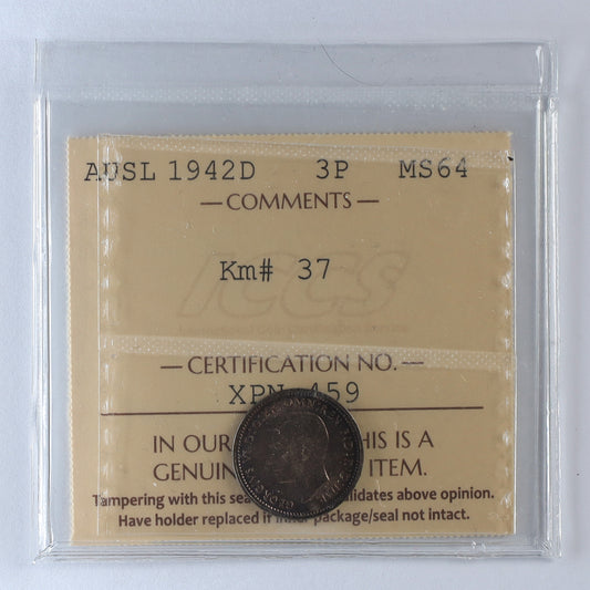 Australia 1942D Threepence ICCS Certified MS64 (DOD)