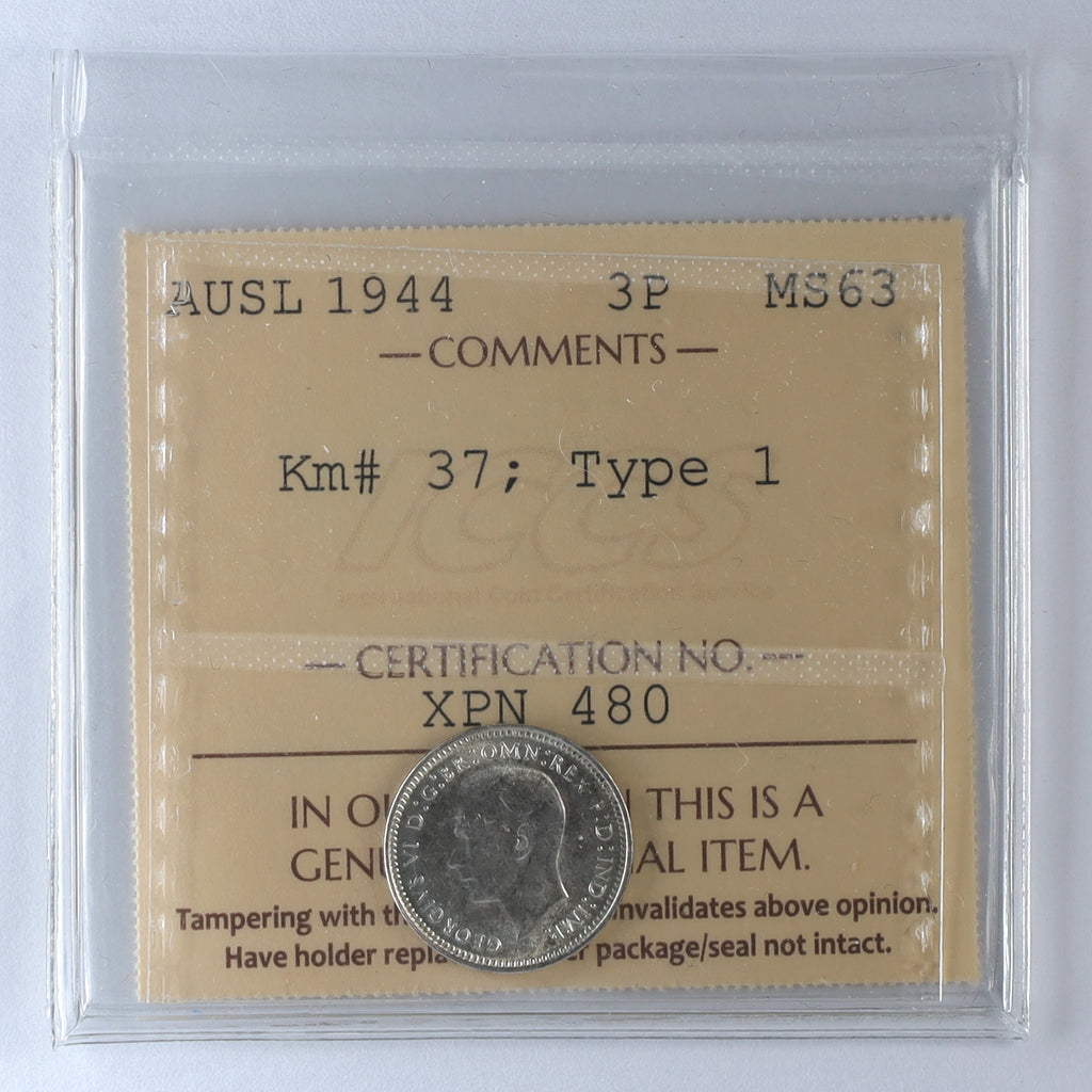 Australia 1944 Threepence Type 1 ICCS Certified MS63 (DOD)
