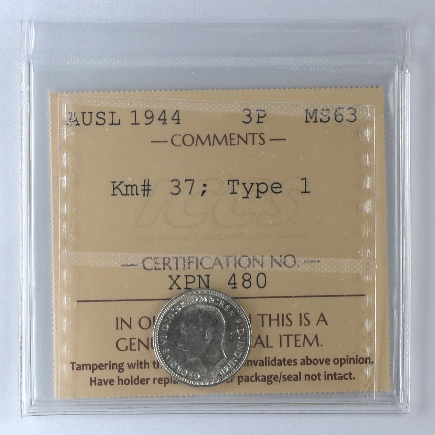 Australia 1944 Threepence Type 1 ICCS Certified MS63 (DOD)