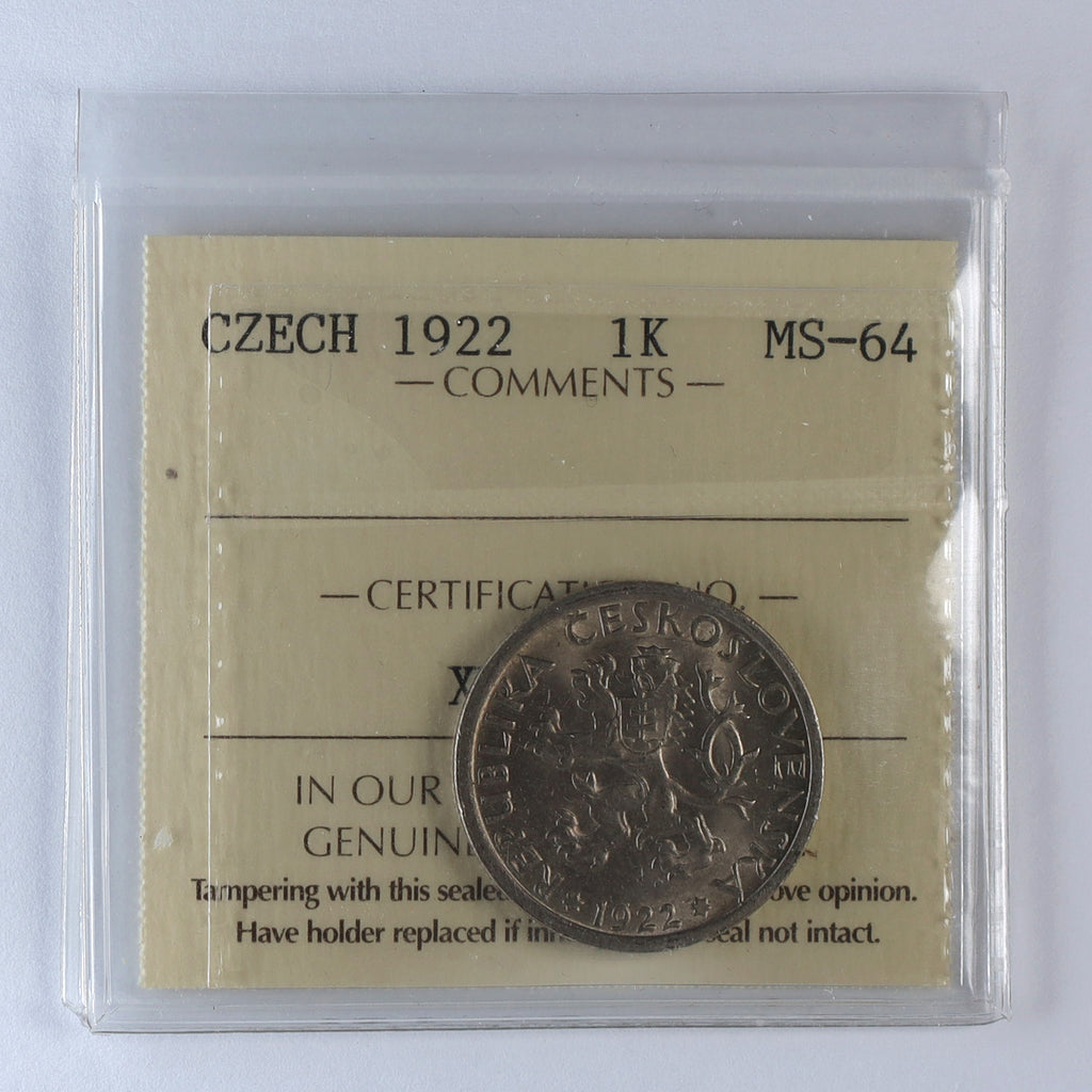 Czechoslovak Republic 1922 1 Koruna ICCS Certified MS64 (DOD)
