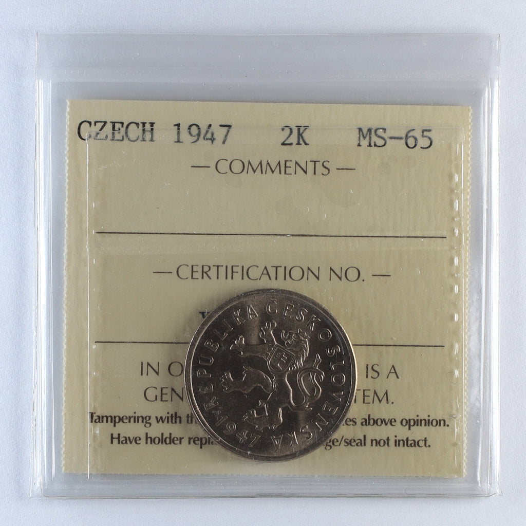 Czechoslovak Republic 1947 2 Koruny ICCS Certified MS65 (DOD)