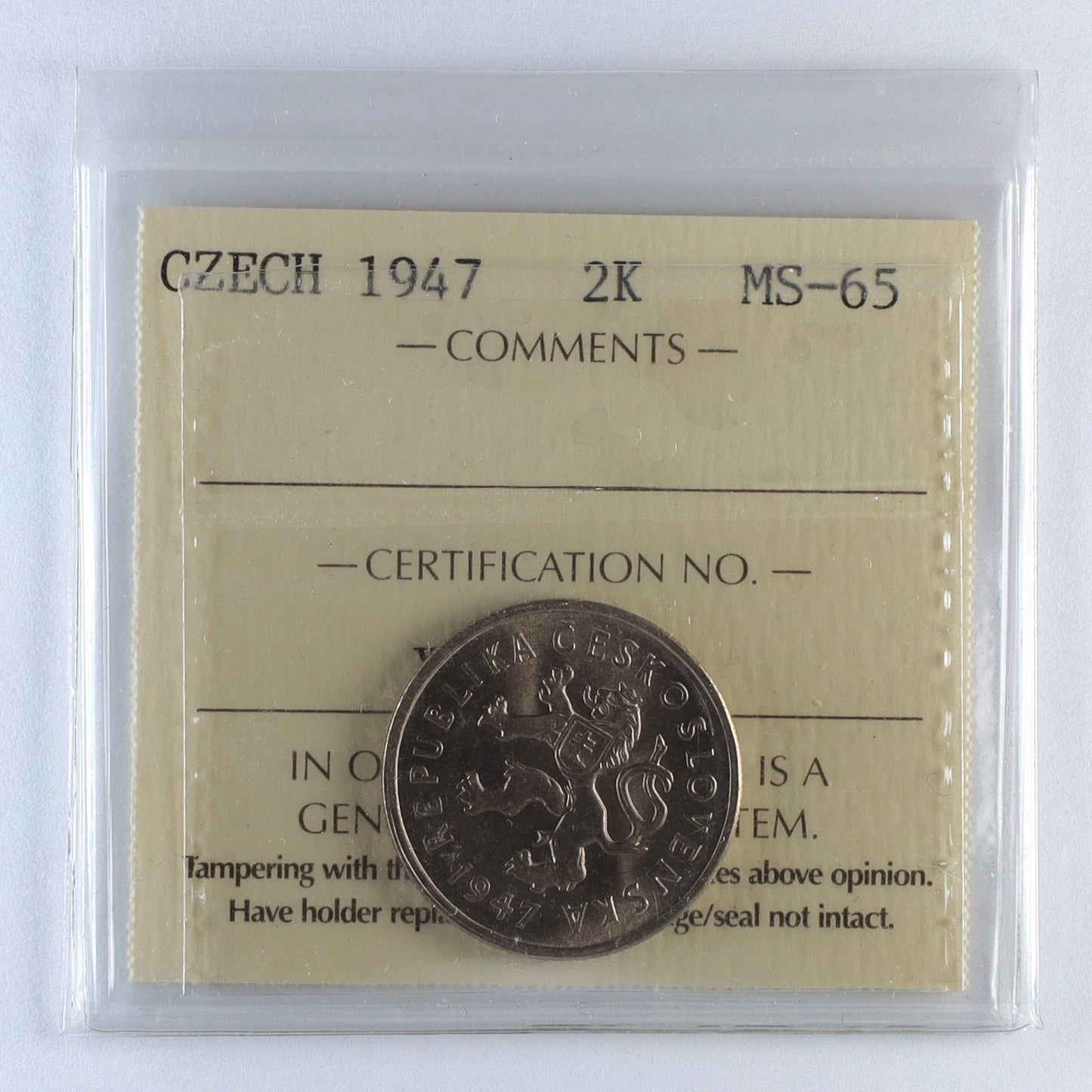 Czechoslovak Republic 1947 2 Koruny ICCS Certified MS65 (DOD)