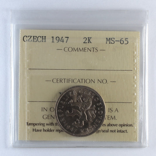 Czechoslovak Republic 1947 2 Koruny ICCS Certified MS65 (DOD)