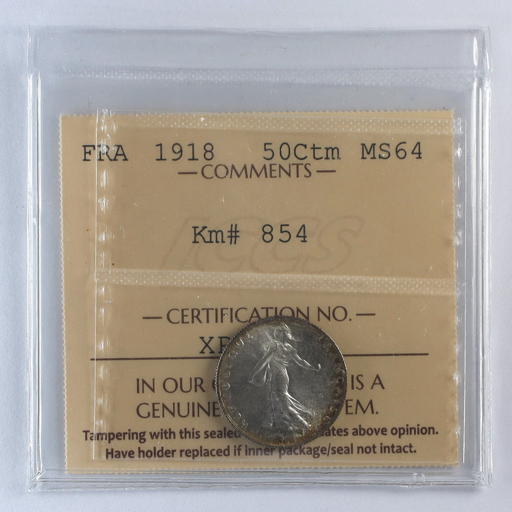 France 1918 50 Centimes ICCS Certified MS64 (DOD)