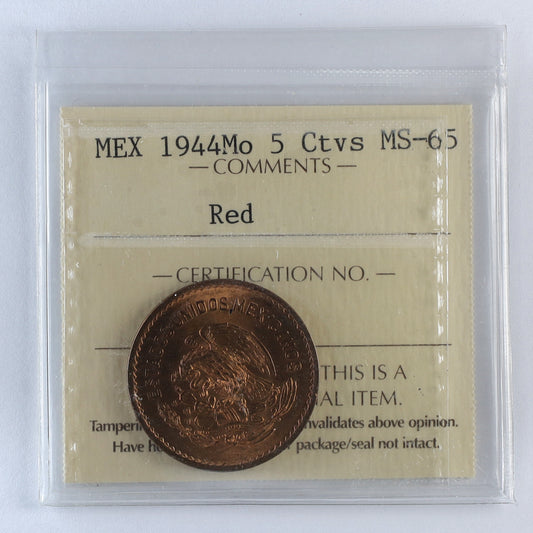 Mexico 1944Mo 5 Centavos ICCS Certified MS65 Red (DOD)