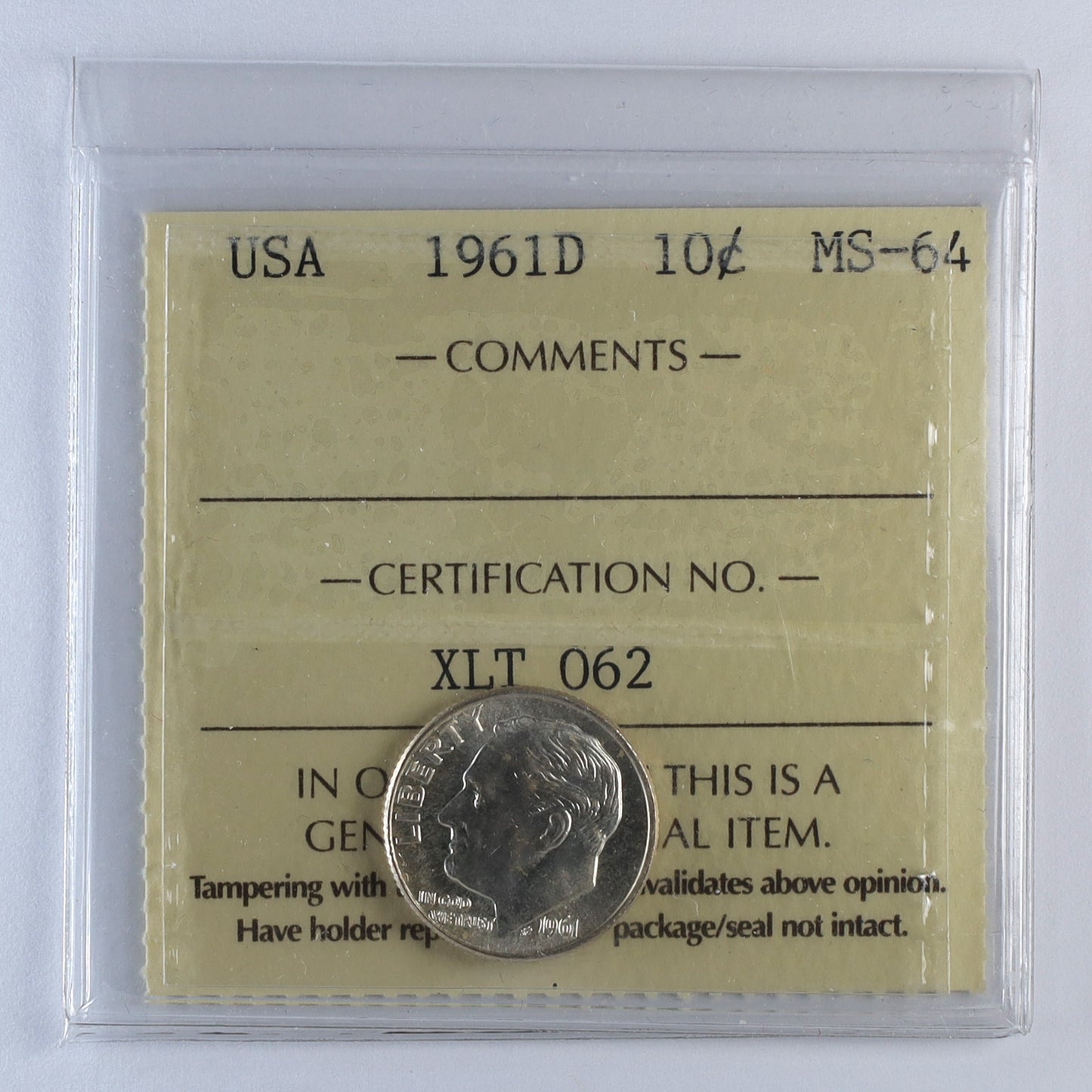 1961D USA Dime ICCS Certified MS64 (DOD)