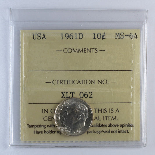 1961D USA Dime ICCS Certified MS64 (DOD)