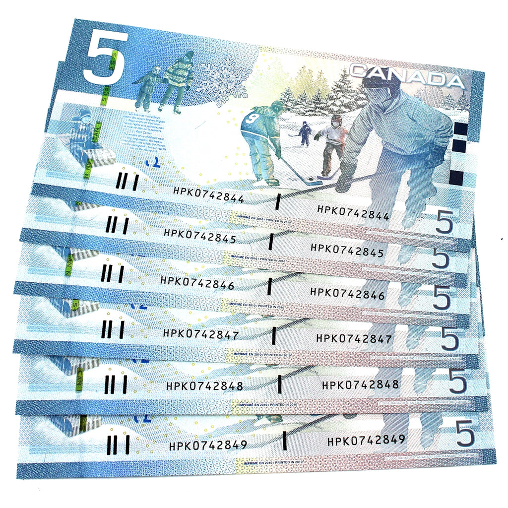 Lot of 6x Sequential 2006 Canada $5 Notes, Jenkins-Carney, 6Pcs