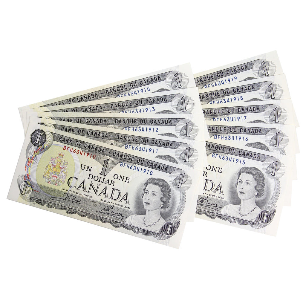 Lot of 10x Consecutive 1973 Canada $1 Notes, Crow-Bouey, 3-letter Prefix, 10Pcs