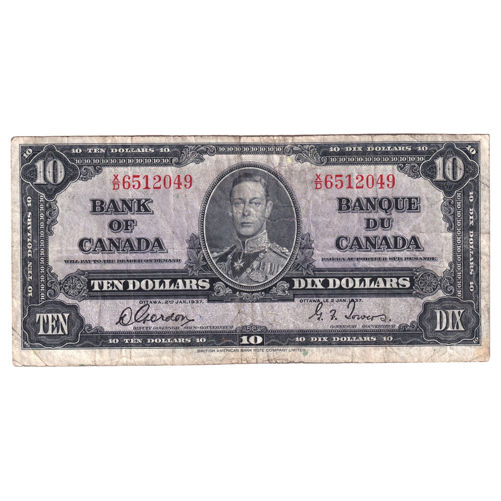BC-24b 1937 Canada $10 Note Gordon-Towers, Very Fine (VF20) Stains, Tears or Impaired
