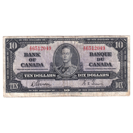 BC-24b 1937 Canada $10 Note Gordon-Towers, Very Fine (VF20) Stains, Tears or Impaired