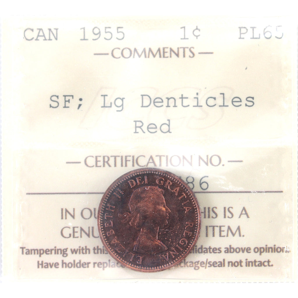 1955 SF, Large Denticles Canada 1-cent ICCS Certified PL-65 Red
