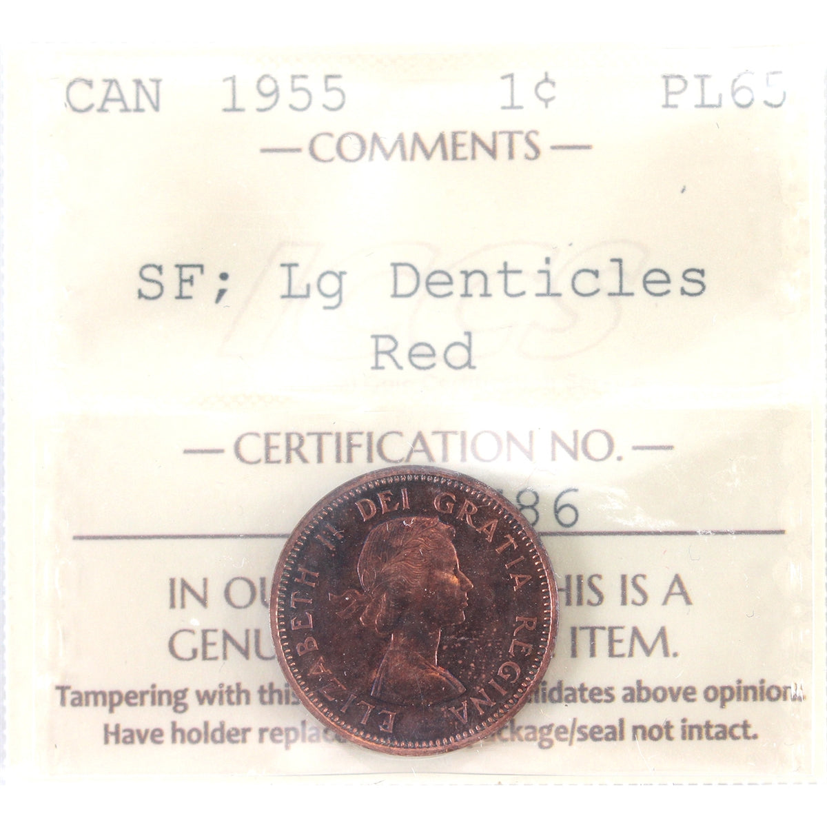 1955 SF, Large Denticles Canada 1-cent ICCS Certified PL-65 Red
