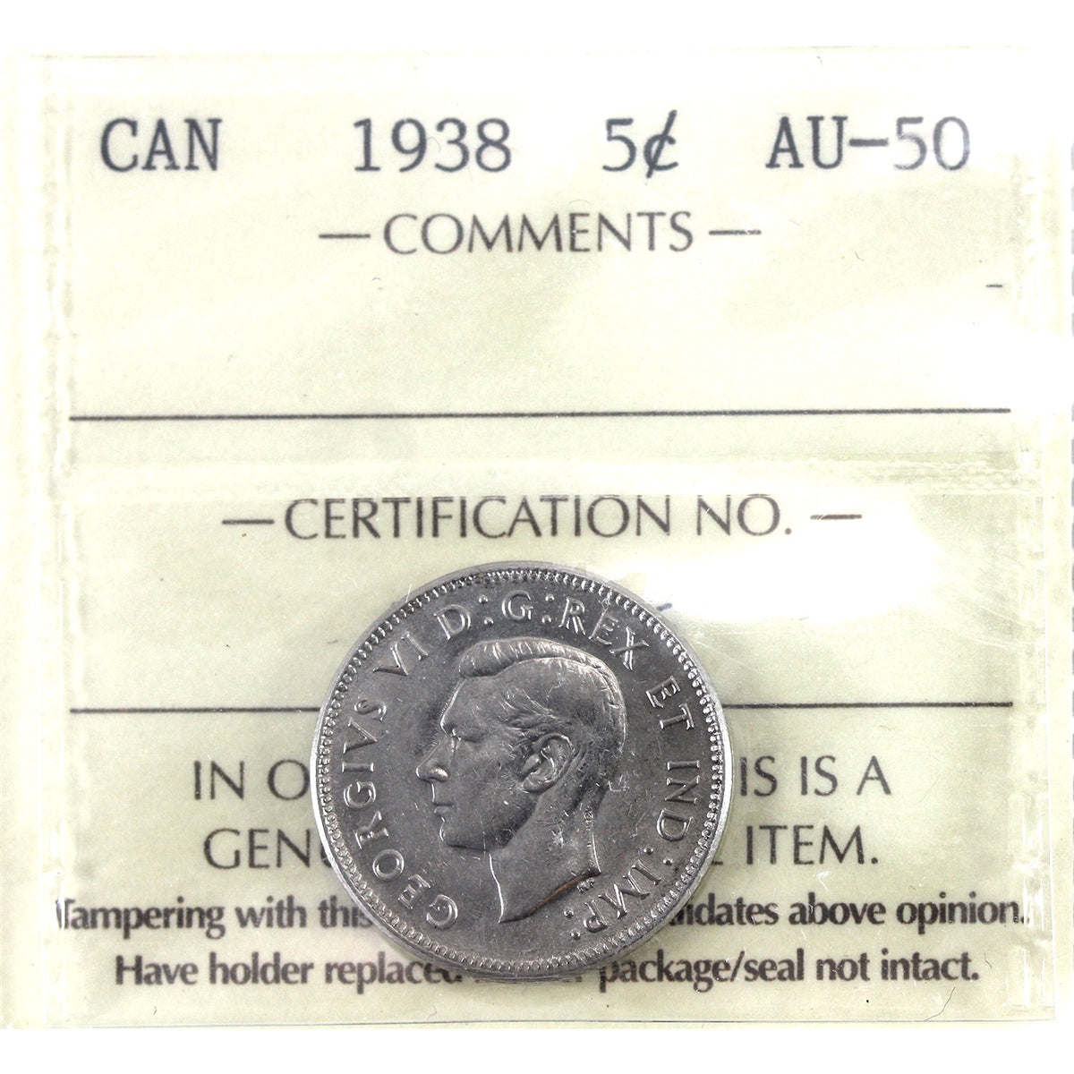 1938 Canada 5-cents ICCS Certified AU50