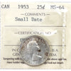 1953 Small Date Canada 25-cents ICCS Certified MS64