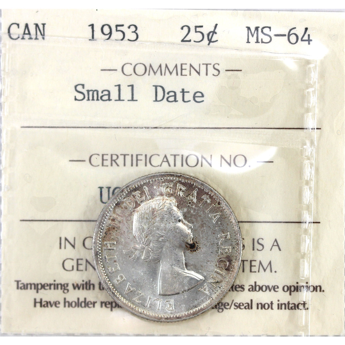 1953 Small Date Canada 25-cents ICCS Certified MS64