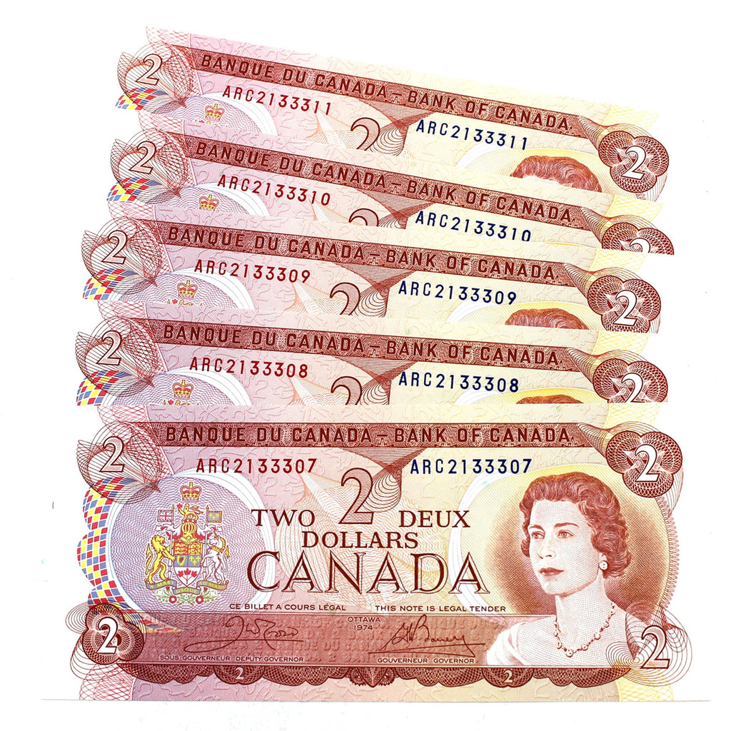 Lot of 5x Sequential BC-47b 1974 Canada $2 Notes, Crow-Bouey, 5Pcs