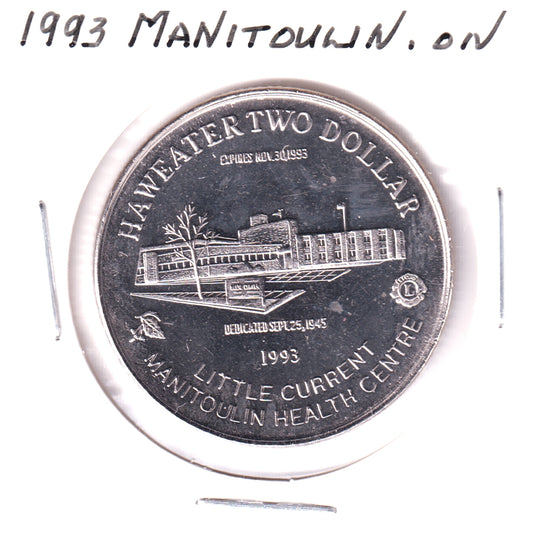 1993 Manitoulin Haweater Two Dollar Token: Lion's International 75th / Health Centre