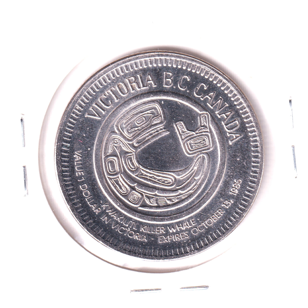 1986 Victoria, BC, City of Gardens Trade Dollar Token: Kwakiutl Killer Whale