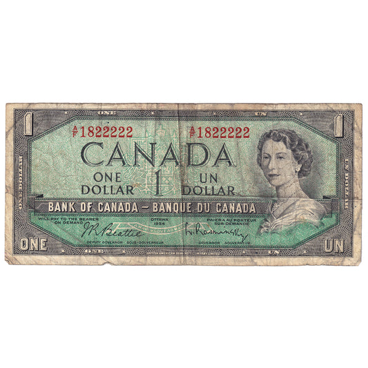 BC-37b-i 1954 Canada $1 Beattie-Rasminsky, Neat Number, Circ