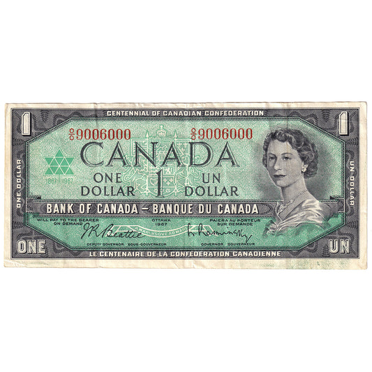 BC-45b 1967 Canada $1 Beattie-Rasminsky, Neat Number, O/O, VF-EF