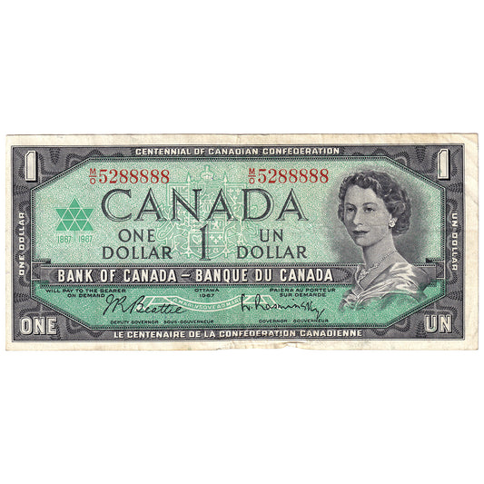 BC-45b 1967 Canada $1 Beattie-Rasminsky, Neat Number, M/O, VF-EF