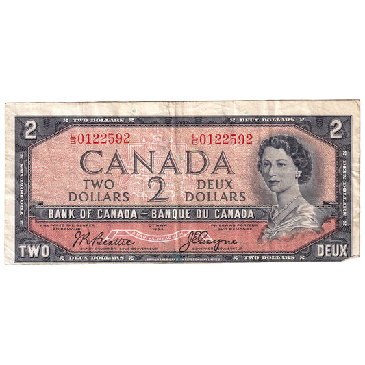 ERROR Cut Out of Register BC-38a-E25-i 1954 Canada $2 Beattie-Coyne,  VF