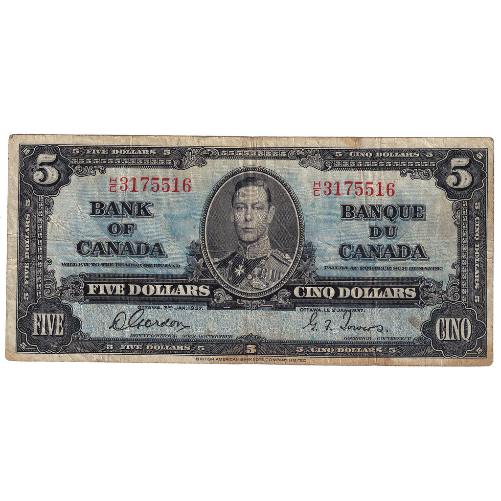 BC-23b 1937 Canada $5 Note, Gordon-Towers, Fine (Tears, holes, or impaired)