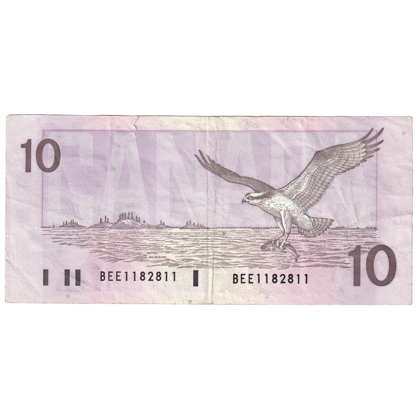 BC-57b-N1-iii 1989 Canada $10 Bonin-Thiessen, 3 Digit RADAR, BEE, VF (Tear)