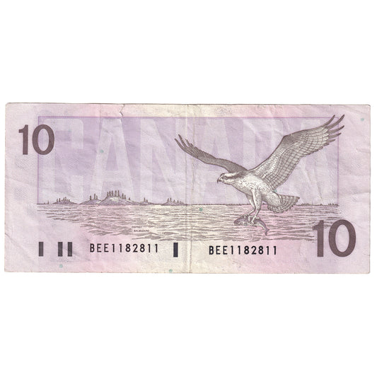 BC-57b-N1-iii 1989 Canada $10 Bonin-Thiessen, 3 Digit RADAR, BEE, VF (Tear)