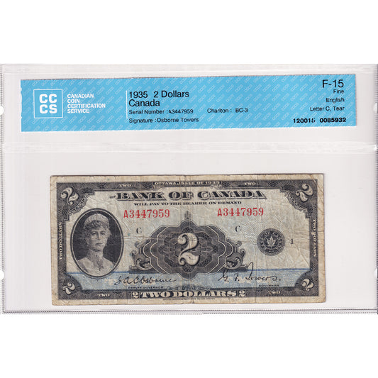 BC-3 1935 Canada $2 Osborne-Towers, English, Letter C, CCCS Cert. F-15 (Tear)