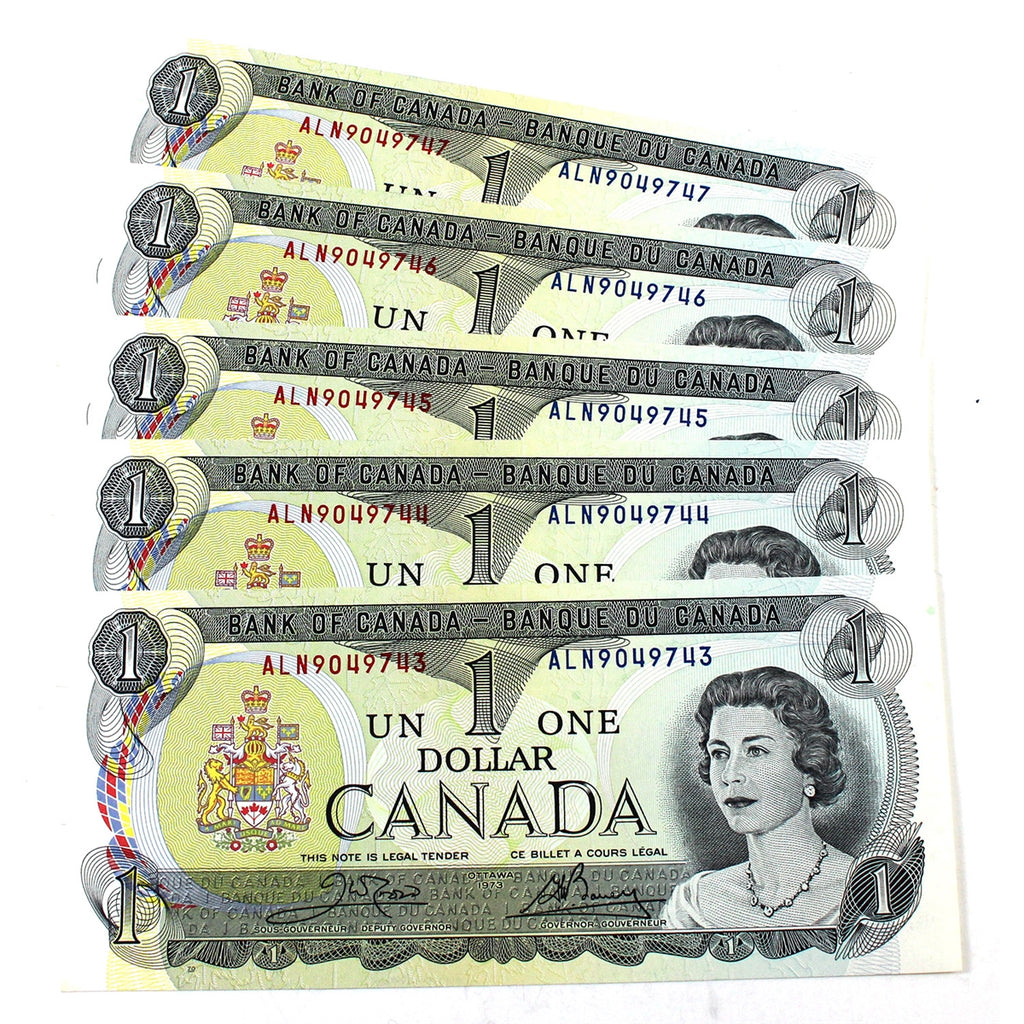 Lot of 5x Sequential 1973 Canada $1 Notes, Crow-Bouey, 5Pcs