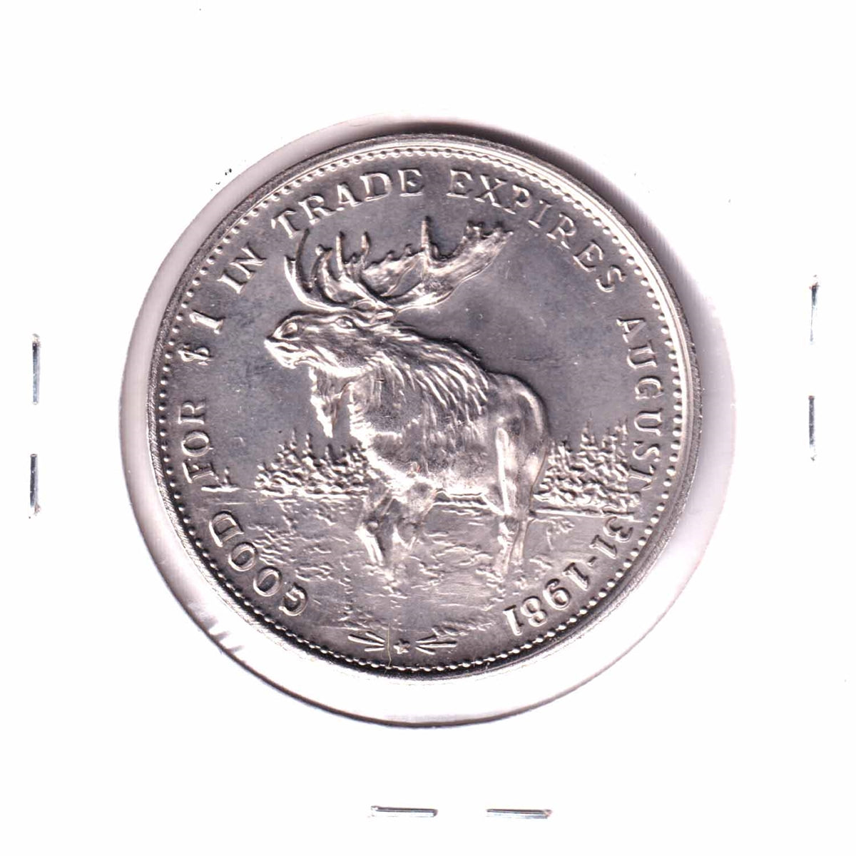 1981 Chatham-Newcastle, NB, Pioneer Dollar Trade Token with Caribou