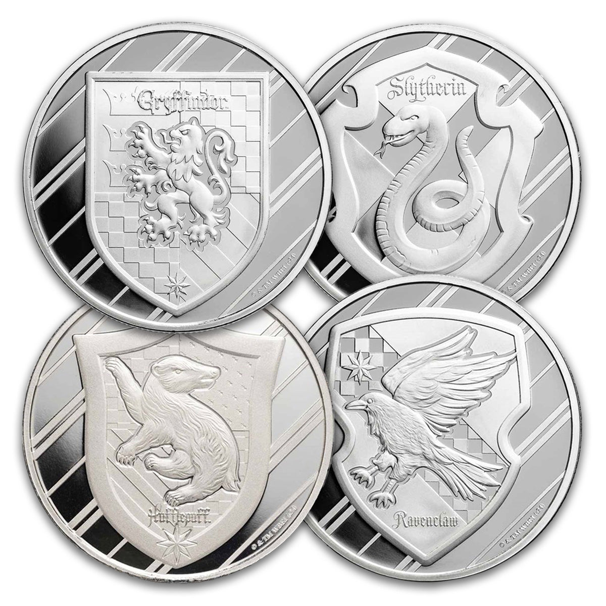 4x Harry Potter: Houses of Hogwarts 1oz Silver (No Tax) 4pcs. May have toning spots/scr capsule.