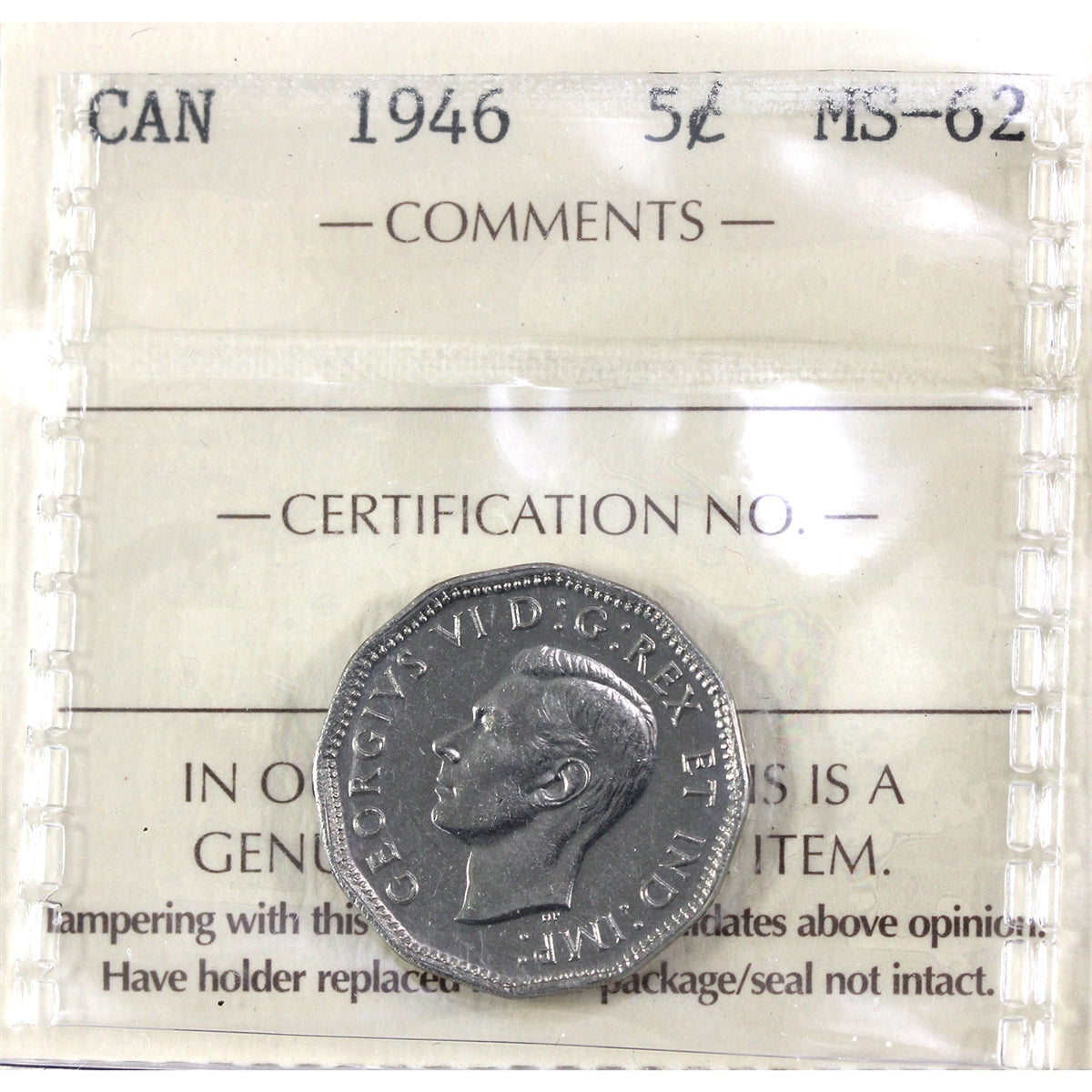 1946 Canada 5-cents ICCS Certified MS62