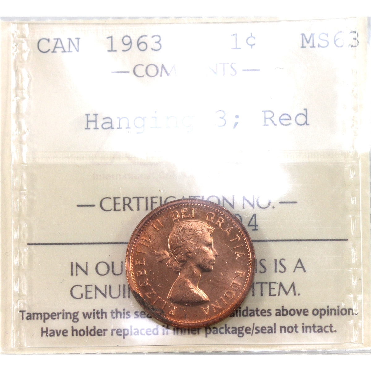 1963 Hanging 3 Canada 1-cent ICCS Certified MS63 Red