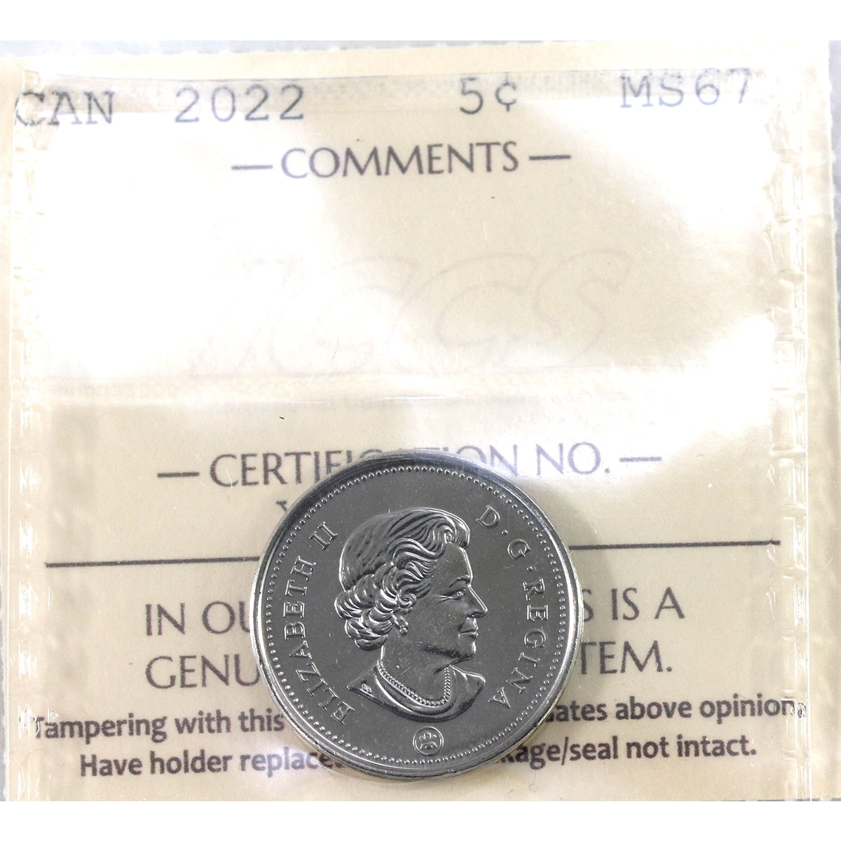 2022 Canada 5-cents ICCS Certified MS67